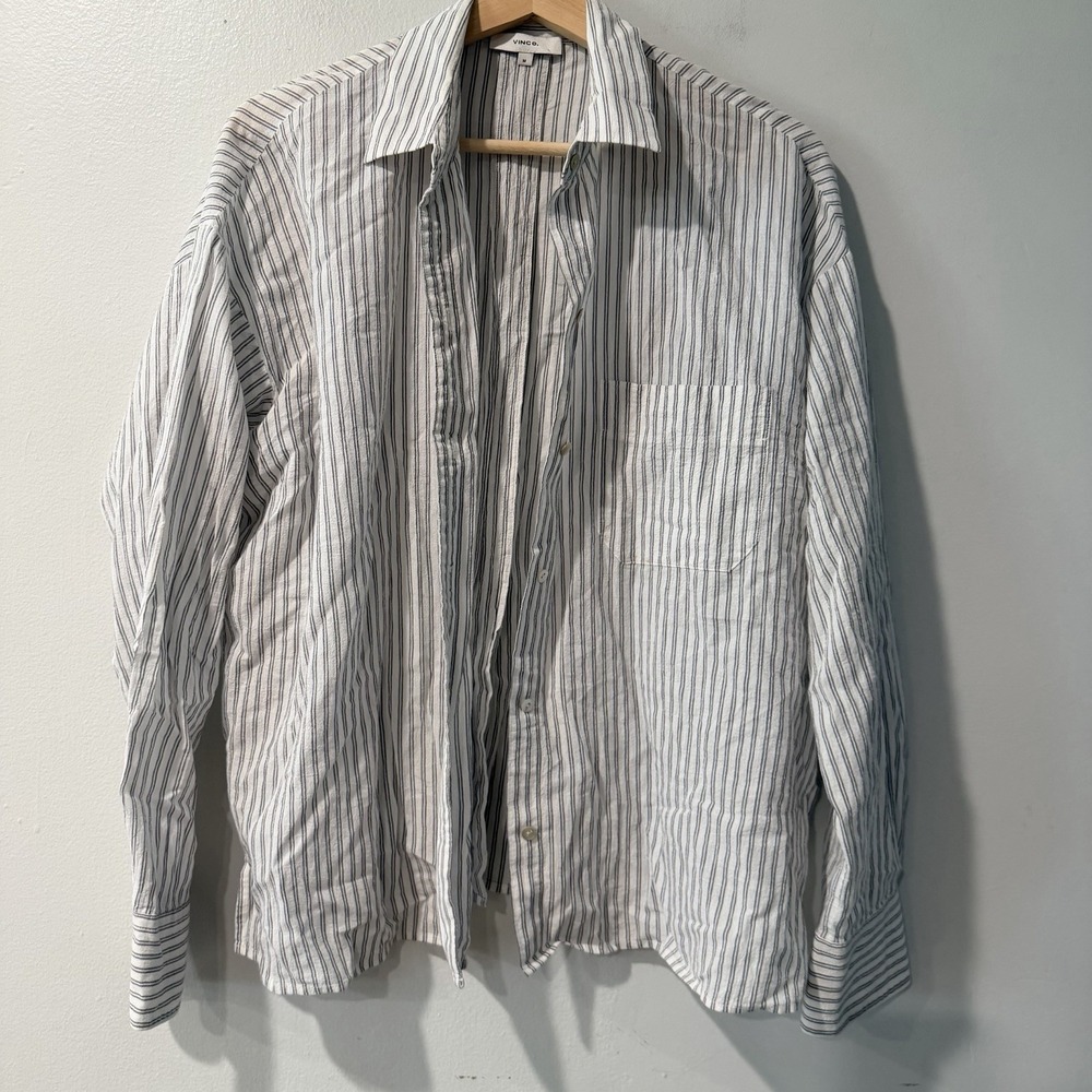 Vince Women Button Up Shirt‎ 6 White Cotton Striped Collared Front Pearl Button